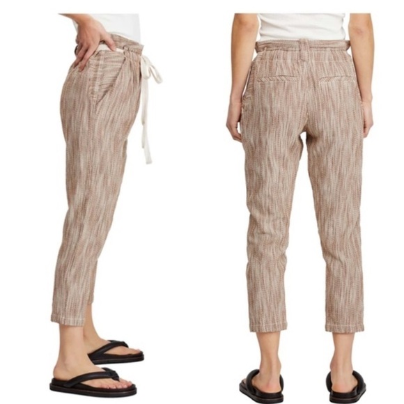 Free People Light At Sunrise Woven Cream/ Brown Crop Pants Size 4 - Picture 3 of 13